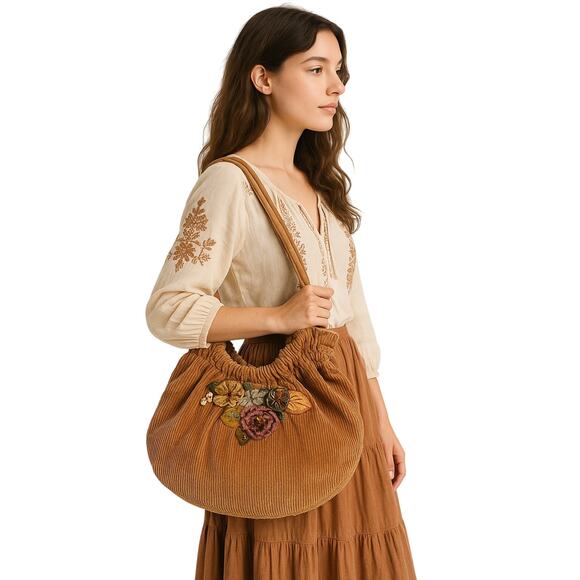 Boho Floral Corduroy Shoulder Bag by Cappelli Straworld - Picture 1 of 8